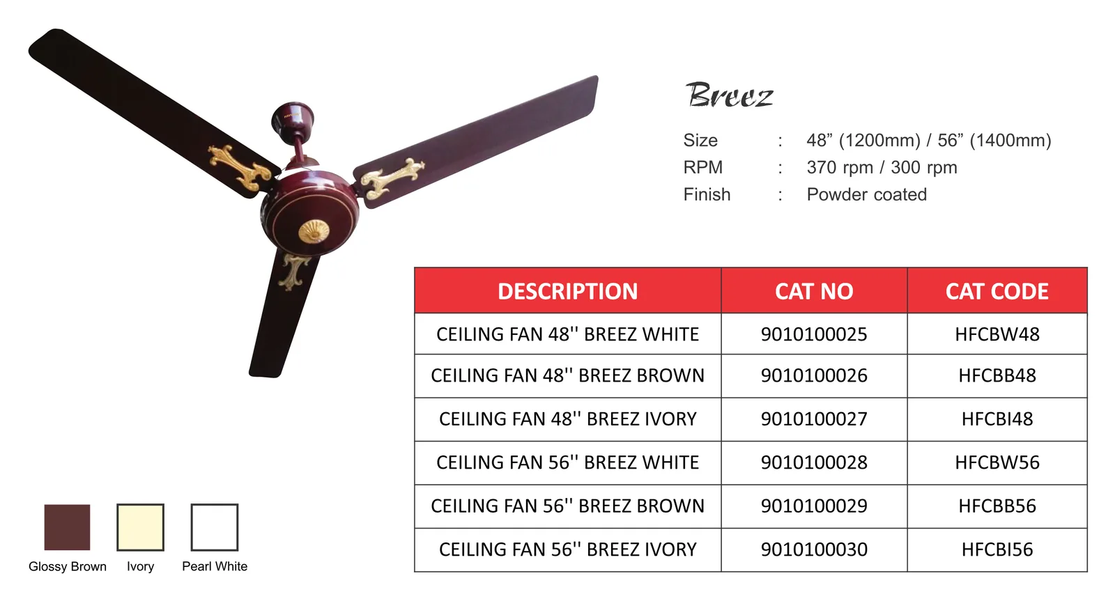 Breez ceiling fan specification sheet: 48 and 56 inch, 370 and 300 rpm, powder coated