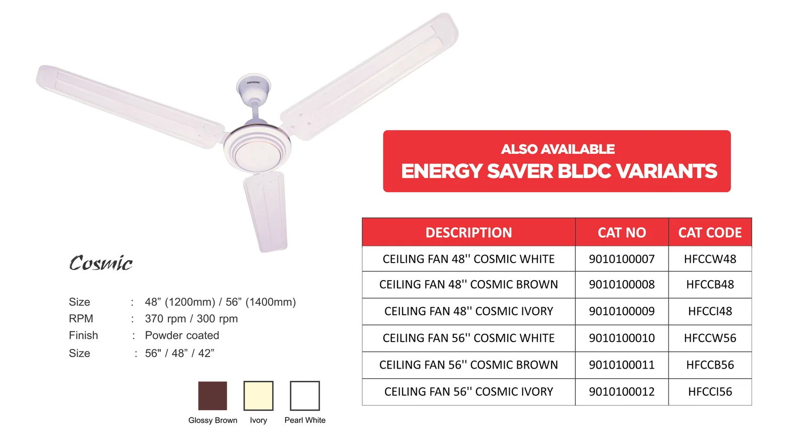 Cosmic ceiling fan specification sheet
