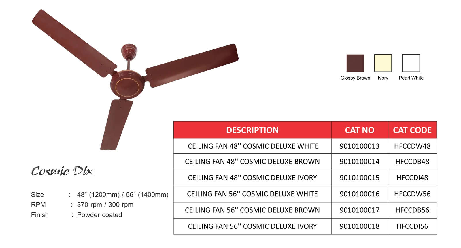 Cosmic DLX ceiling fan specification sheet