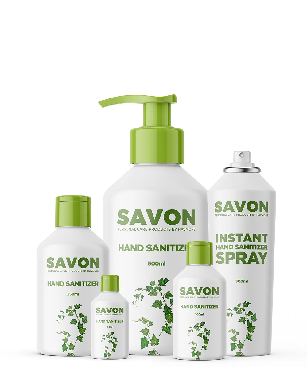 SAVON hand sanitizer range by Havmore, 50ml to 500ml bottles and instant spray